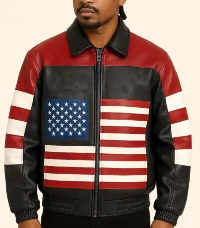 USA Flag Bomber Biker Leather Jacket