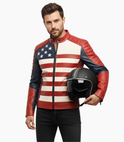 USA Flag Men Biker Leather American Motorcycle Style Jacket