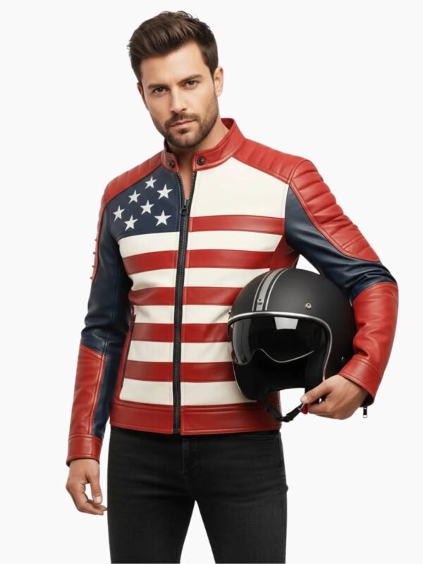 USA Flag Men Biker Leather American Motorcycle Style Jacket