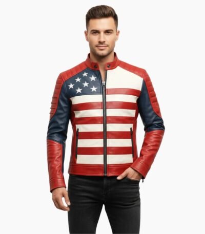 USA Flag Men Biker Leather American Motorcycle Style Jacket