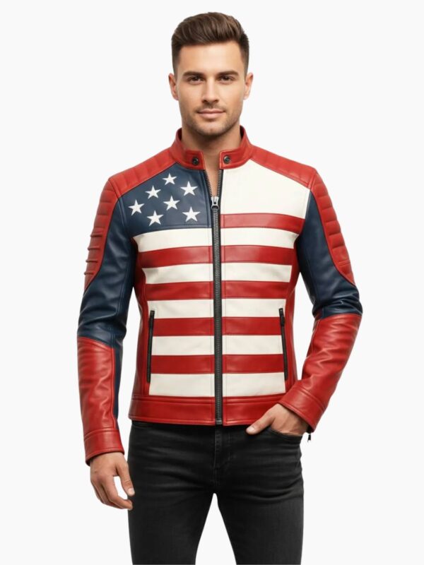 USA Flag Men Biker Leather American Motorcycle Style Jacket