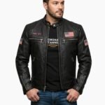 USA Flag Patch Black Leather Biker Jacket