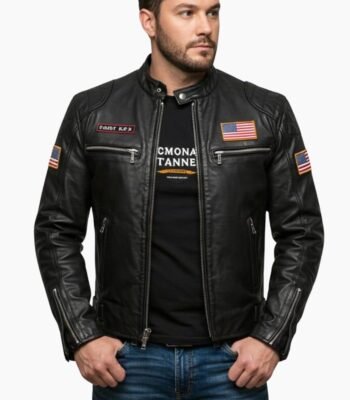 USA Flag Patch Black Leather Biker Jacket