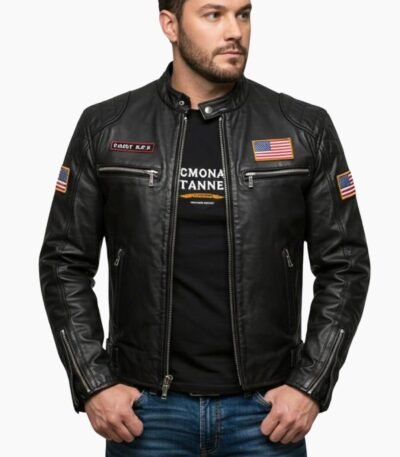USA Flag Patch Black Leather Biker Jacket