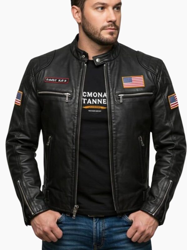 USA Flag Patch Black Leather Biker Jacket