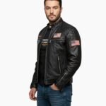 USA Flag Patch Black Leather Biker Jacket