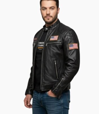 USA Flag Patch Black Leather Biker Jacket