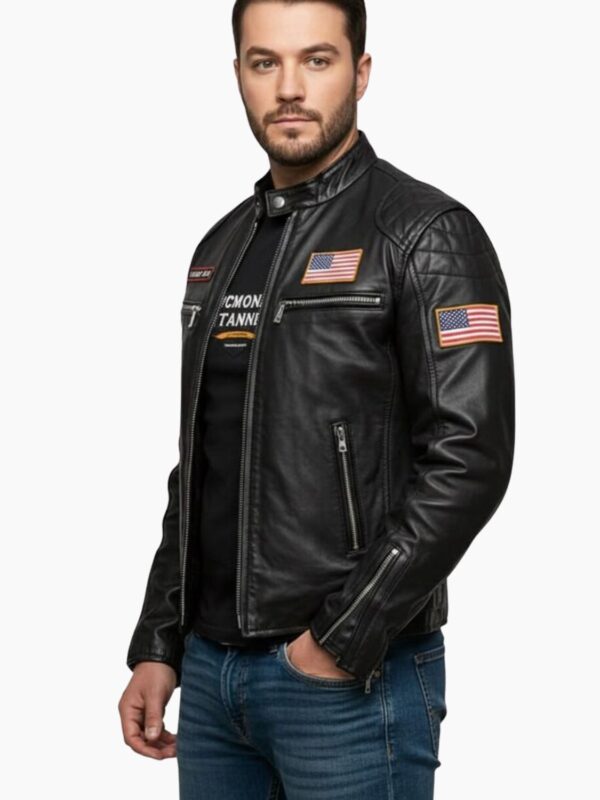 USA Flag Patch Black Leather Biker Jacket
