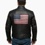 USA Flag Patch Black Leather Biker Jacket