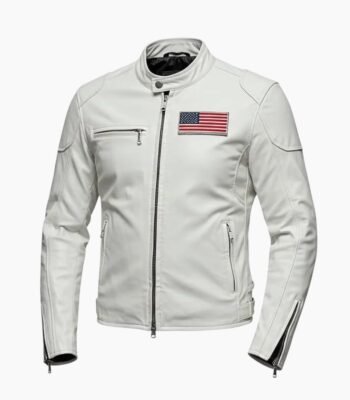 USA Flag Patch White Leather Biker Jacket