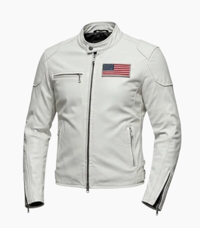 USA Flag Patch White Leather Biker Jacket