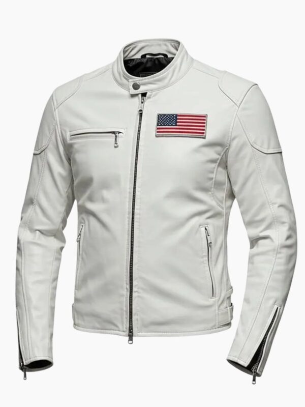 USA Flag Patch White Leather Biker Jacket