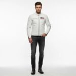 USA Flag Patch White Leather Biker Jacket