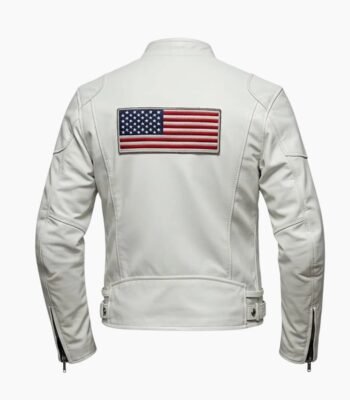 USA Flag Patch White Leather Biker Jacket