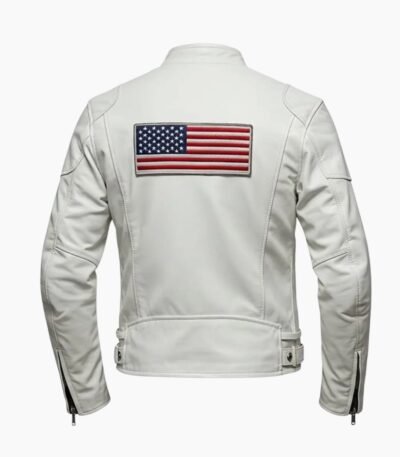 USA Flag Patch White Leather Biker Jacket