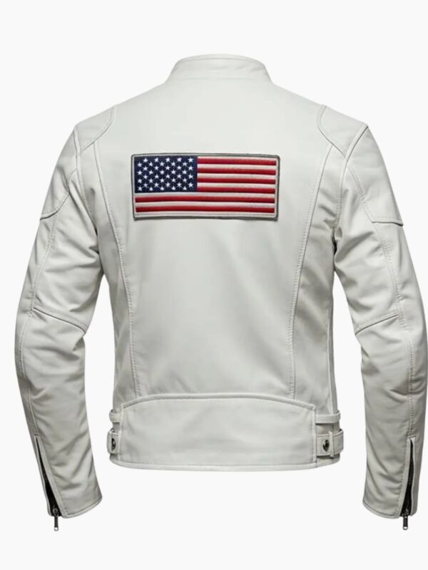 USA Flag Patch White Leather Biker Jacket