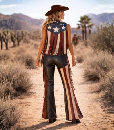 Women USA Flag Leather Cowgirl Fringe Outfit For Women