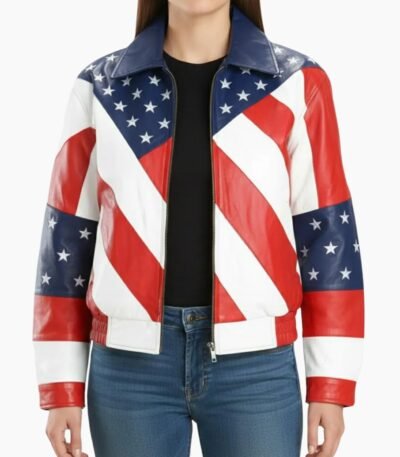 Womens American Flag Moto Leather Biker Jacket
