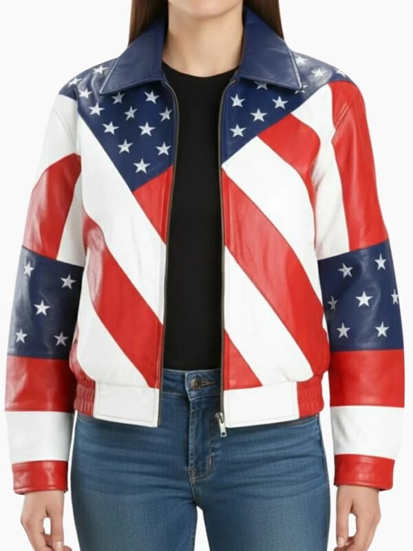 Womens American Flag Moto Leather Biker Jacket