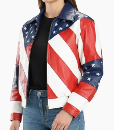Womens American Flag Moto Leather Biker Jacket