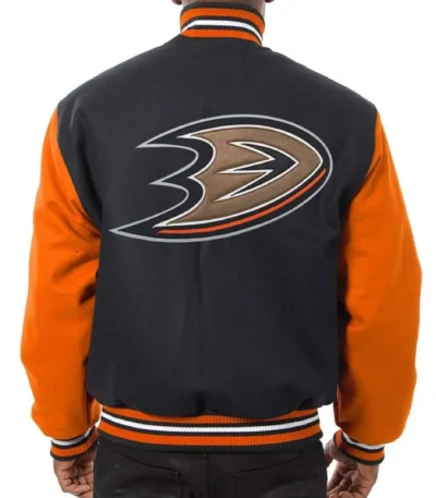 Anaheim Ducks Black and Orange Wool/Leather Varsity Jacket