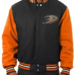 Anaheim Ducks Black and Orange Wool/Leather Varsity Jacket