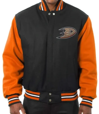 Anaheim Ducks Black and Orange Wool/Leather Varsity Jacket