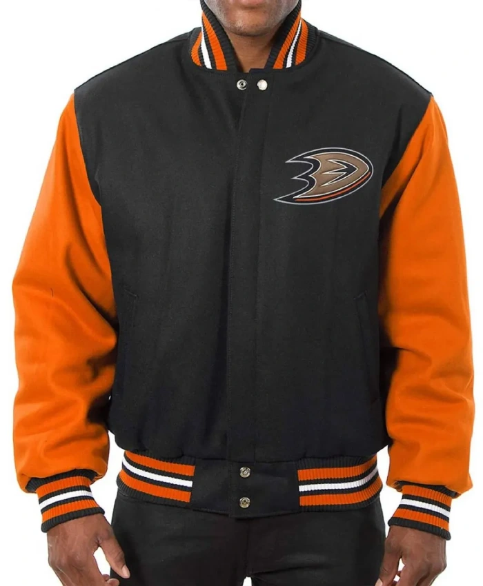 Anaheim Ducks Black and Orange Wool/Leather Varsity Jacket Anaheim Ducks Black and Orange Wool/Leather Varsity Jacket
