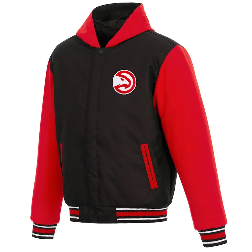Atlanta Hawks Black and Red Varsity Hooded Jacket Atlanta Hawks Black and Red Varsity Hooded Jacket