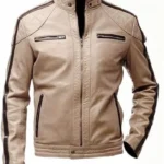 Beige Leather Jacket Mens Cafe Racer Striped Biker Stand Up Collar