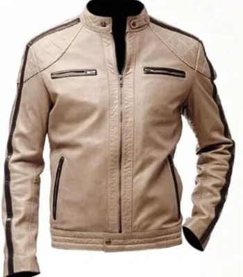 Beige Leather Jacket Mens Cafe Racer Striped Biker Stand Up Collar
