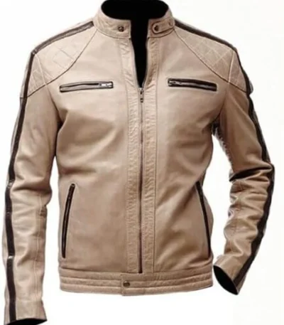 Beige Leather Jacket Mens Cafe Racer Striped Biker Stand Up Collar