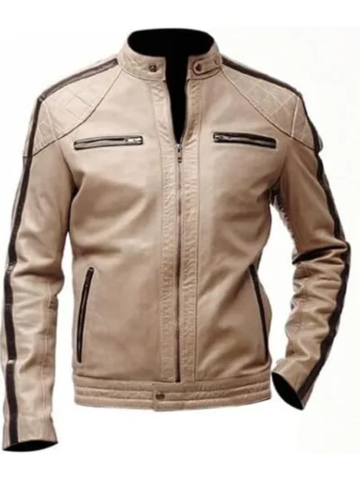 Beige Leather Jacket Mens Cafe Racer Striped Biker Stand Up Collar