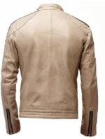 Beige Leather Jacket Mens Cafe Racer Striped Biker Stand Up Collar