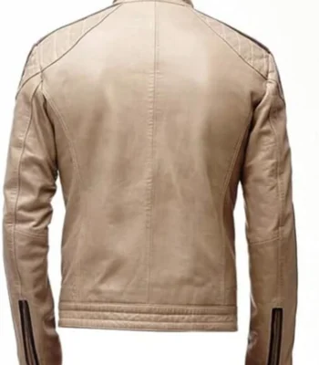 Beige Leather Jacket Mens Cafe Racer Striped Biker Stand Up Collar