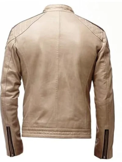 Beige Leather Jacket Mens Cafe Racer Striped Biker Stand Up Collar