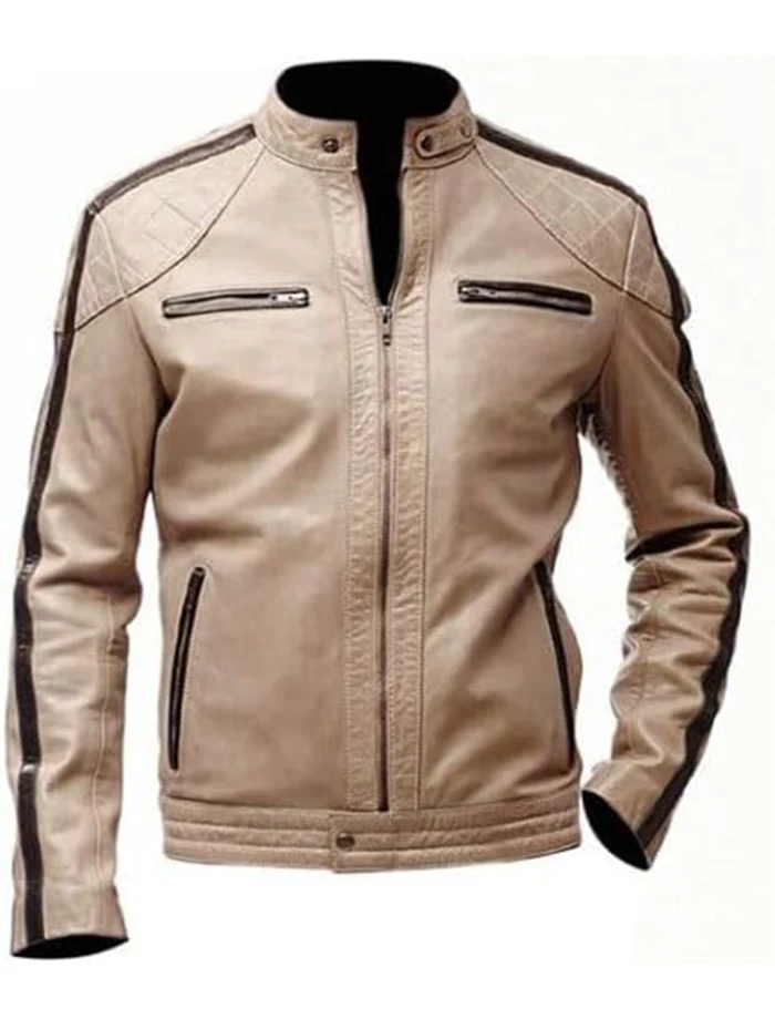 Beige Leather Jacket Mens Cafe Racer Striped Biker Stand Up Collar Beige Leather Jacket Mens Cafe Racer Striped Biker Stand Up Collar