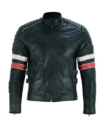 Black Cafe Racer Striped Leather Jacket Motorcycle