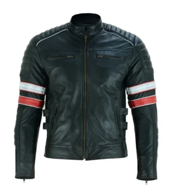 Black Cafe Racer Striped Leather Jacket Motorcycle