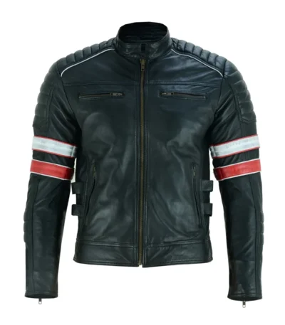 Black Cafe Racer Striped Leather Jacket Motorcycle