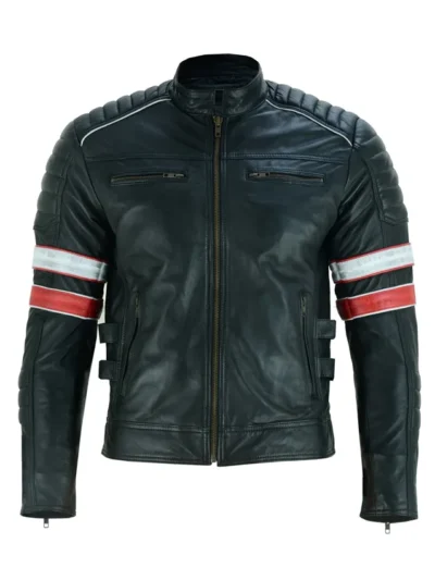 Black Cafe Racer Striped Leather Jacket Motorcycle