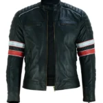 Black Cafe Racer Striped Leather Jacket Motorcycle