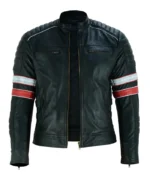 Black Cafe Racer Striped Leather Jacket Motorcycle