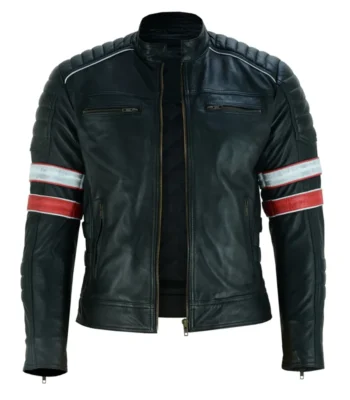 Black Cafe Racer Striped Leather Jacket Motorcycle