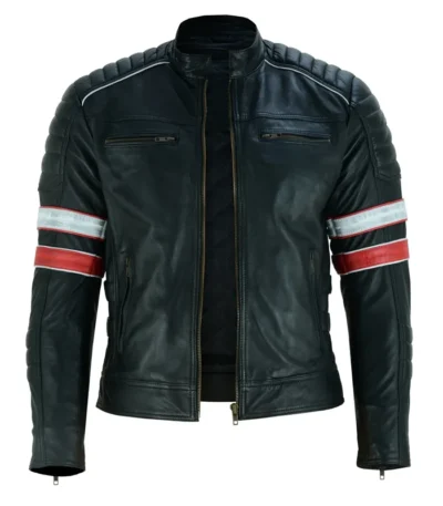 Black Cafe Racer Striped Leather Jacket Motorcycle