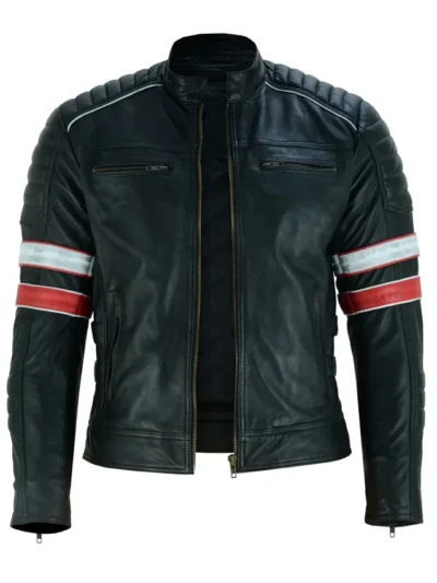 Black Cafe Racer Striped Leather Jacket Motorcycle