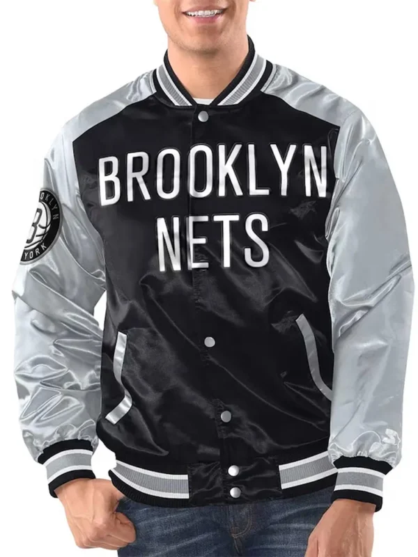 Black/Silver Brooklyn Nets Renegade Varsity Satin Jacket