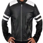 Black and White Cafe Racer Leather Jacket with Quilted Sleeves