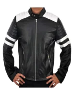 Black and White Cafe Racer Leather Jacket with Quilted Sleeves