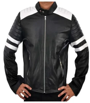 Black and White Cafe Racer Leather Jacket with Quilted Sleeves